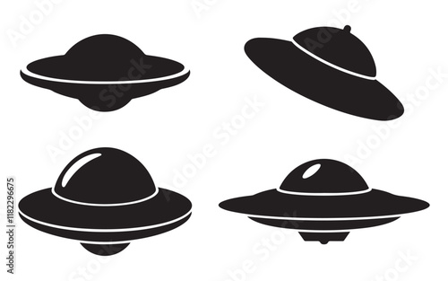 Four Simple Black Silhouette UFOs on a White Background