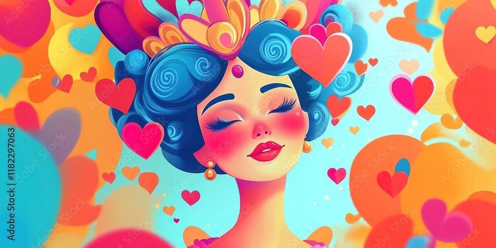 girl queen with heart floating around, cute cartoon character design, pretty princess or queen wearing gorgeous crown in dreamy fantasy whimsical vibes girl queen with heart floating around, cute cartoon character design, pretty princess or queen wearing gorgeous crown in dreamy fantasy whimsical vibes