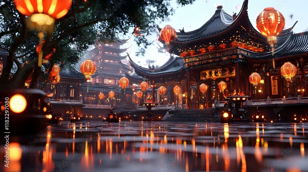 Fototapeta premium Traditional Chinese Courtyard, serene space adorned