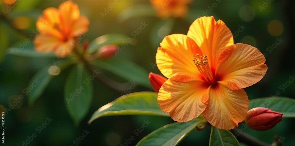 Single orange and yellow rhododendron flower in full bloom, petals, color, wildflower Single orange and yellow rhododendron flower in full bloom, petals, color, wildflower