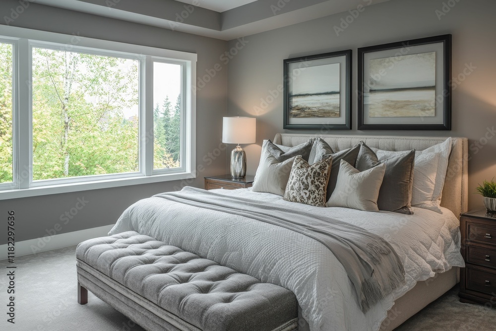 Fototapeta premium Neutral bedroom, large window, tufted bench, serene decor.