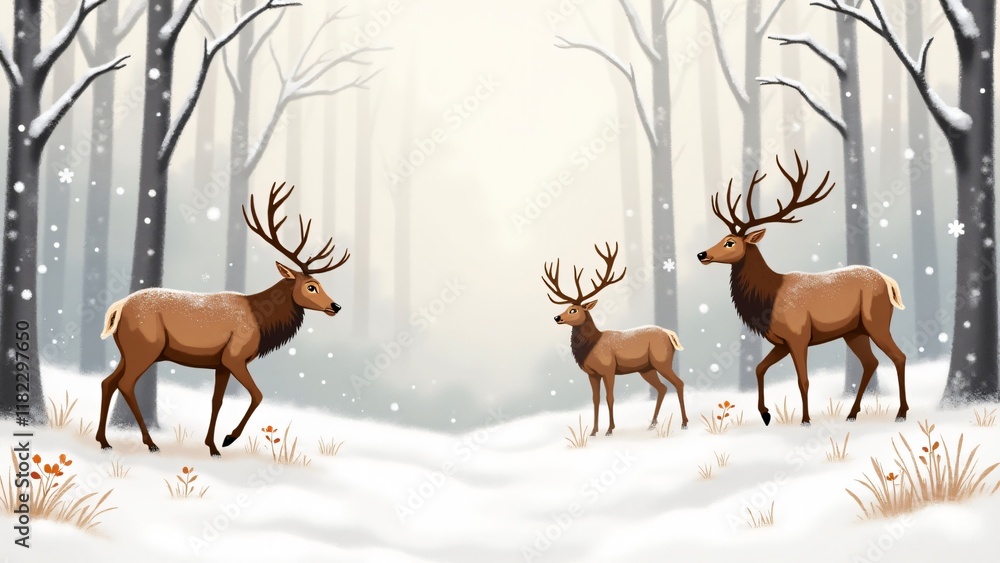 A seamless pattern of deer in snow-covered forests. Detailed antlers and frosted trees enhance the serene winter vibe, perfect for seasonal fabrics, wallpapers, or holiday décor. A seamless pattern of deer in snow-covered forests. Detailed antlers and frosted trees enhance the serene winter vibe, perfect for seasonal fabrics, wallpapers, or holiday décor.