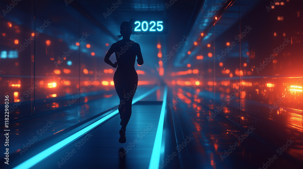 Futuristic treadmill with glowing blue lights, minimalist silhouette of a person running towards Futuristic treadmill with glowing blue lights, minimalist silhouette of a person running towards