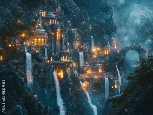 Fantasy Waterfall City with Illuminated Stone Architecture in Misty Mountains - made with Generative AI photo