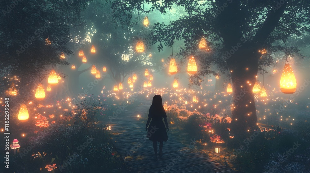 Fototapeta premium Whimsical Character Exploring Fantastical Enchanted Forest with Glowing Mushrooms and Floating Lanterns