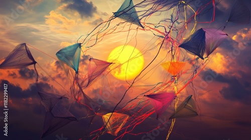 Artistic kites with bright threads against a sunset sky for Makar Sankranti designs. photo