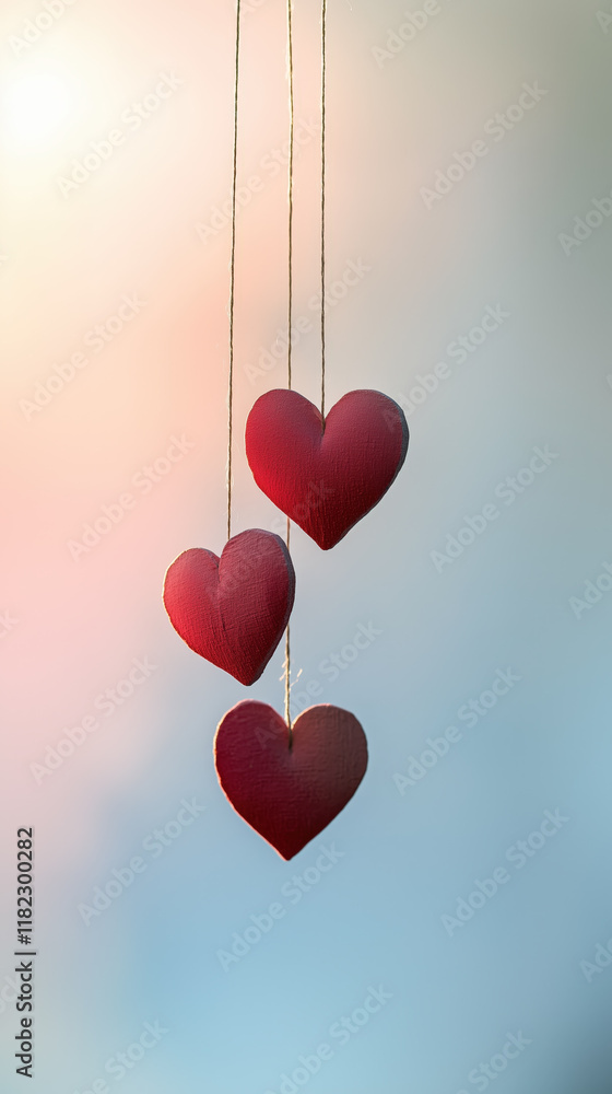Romantic Red Hearts Hanging on Strings, Glossy Finish with Soft Pastel Gradient Background, Valentine's Day Theme Romantic Red Hearts Hanging on Strings, Glossy Finish with Soft Pastel Gradient Background, Valentine's Day Theme