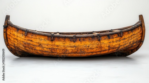 Antique wooden boat, aged, weathered, on white background. photo