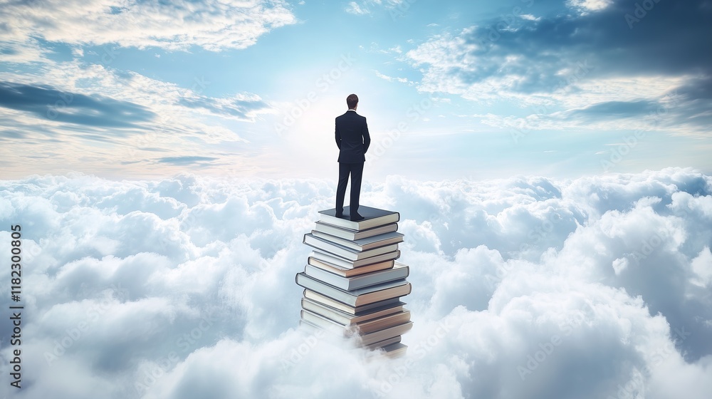 Standing on books among clouds, a symbol of knowledge and aspiration in a dreamlike landscape Standing on books among clouds, a symbol of knowledge and aspiration in a dreamlike landscape