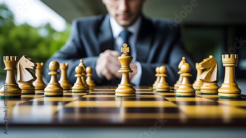 Business executive makes a decisive chess move demonstrating strategic brilliance and leadership in a competitive corporate environment