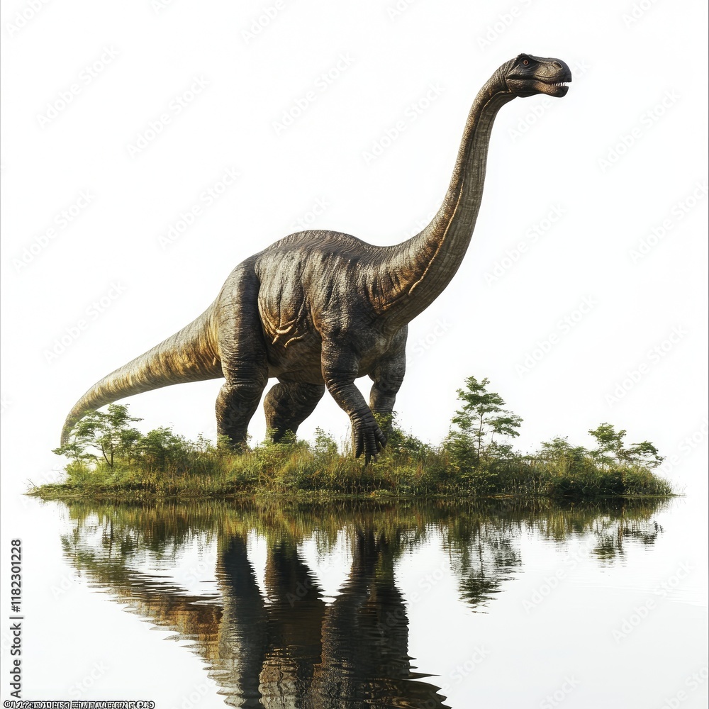 Obraz premium A dinosaur stands on a small island, reflected in still water, surrounded by greenery.