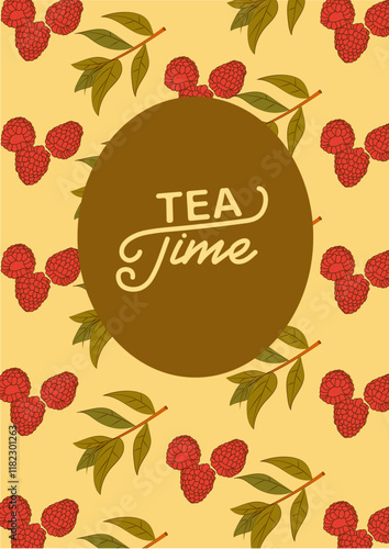 Poster with tea leaves pattern, raspberry, lettering. For poster, card, banner, discount, special offer. Vector illustration EPS10 
