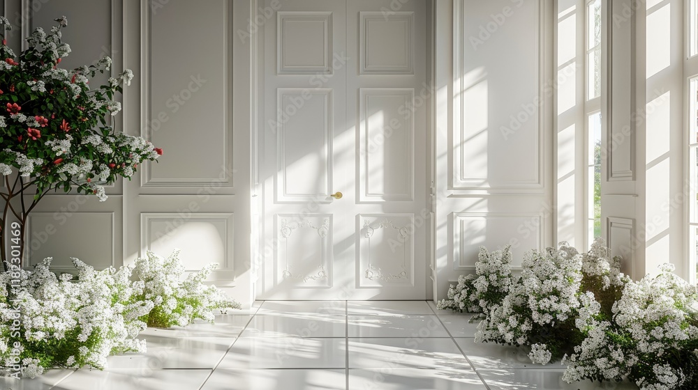 Fototapeta premium An Elegant Sunlit Room featuring Floral Accents Alongside an Open Door for Fresh Air