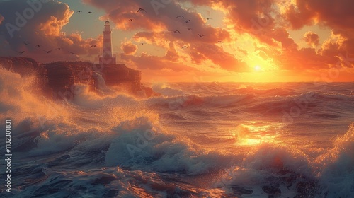 A stunningly beautiful sunset paints the sky over gentle ocean waves and a tall lighthouse