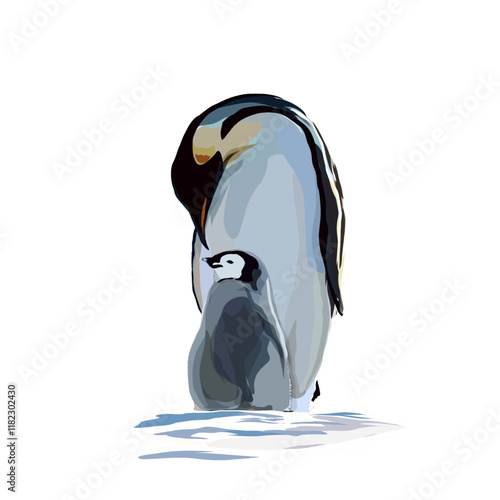 vector illustration of mother and baby penguins on a pile of snow without background