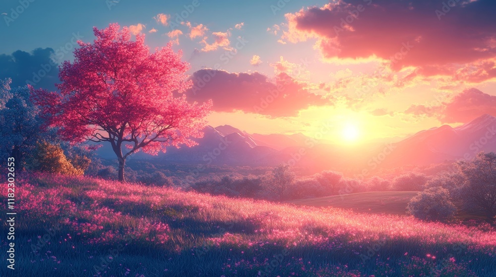 Obraz premium Dreamy Sunset over Colorful Landscape. Generative AI