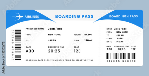 Airline ticket vector illustration. Modern boarding pass design template. Blue airplane ticket design. concept of fly, travel pass