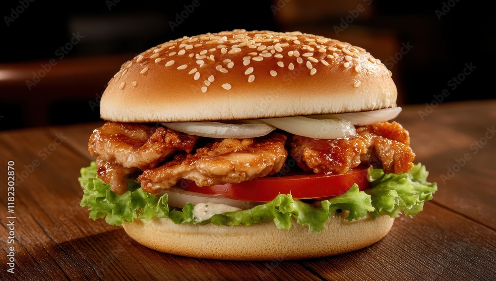 Teriyaki chicken burger with grilled chicken, teriyaki sauce, tomato, onion, and lettuce Teriyaki chicken burger with grilled chicken, teriyaki sauce, tomato, onion, and lettuce