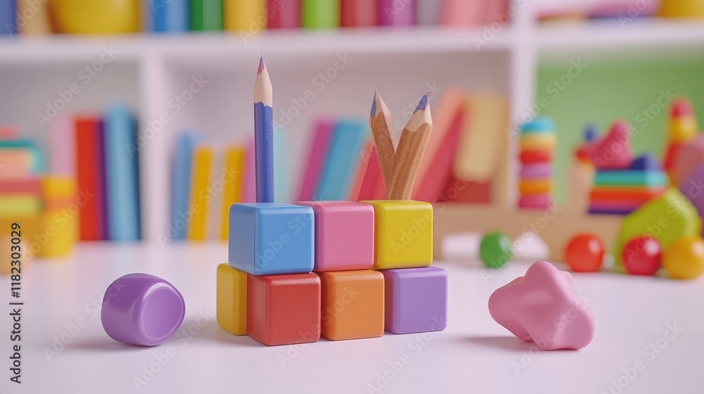 Colorful blocks, pencils, and play-doh on a table in a playroom. Ideal for educational content, children's apps, or toy advertisements. Colorful blocks, pencils, and play-doh on a table in a playroom. Ideal for educational content, children's apps, or toy advertisements.