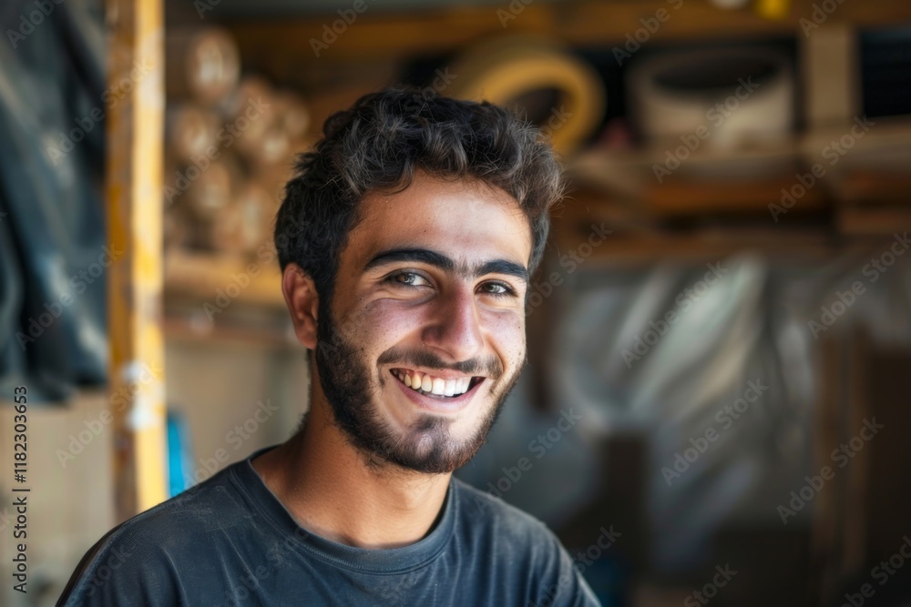 Obraz premium Portrait of a smiling young man working in carpentry shop