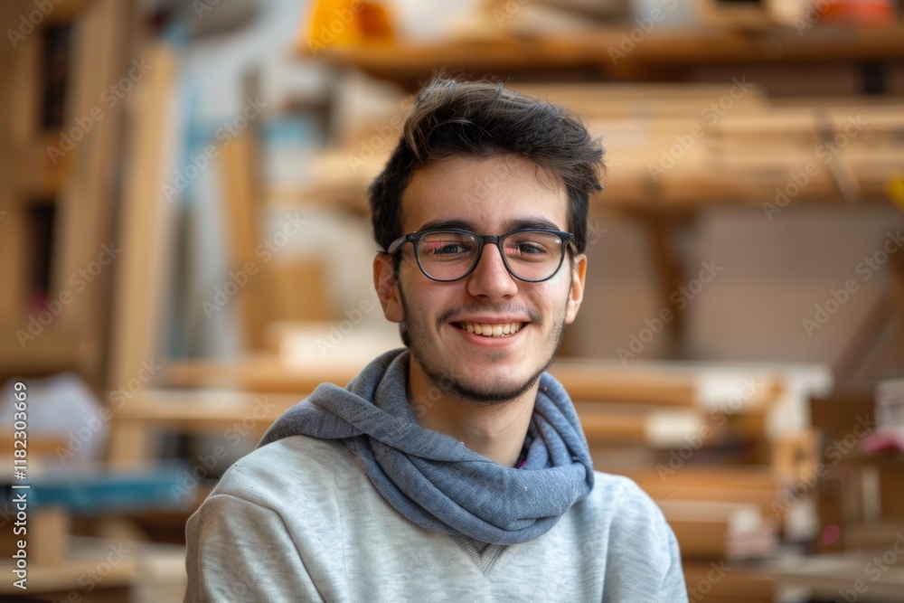 Obraz premium Portrait of a smiling young man working in carpentry shop