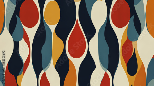 A retro wallpaper design featuring a pattern of overlapping ovals and teardrop shapes in a mix of warm and cool tones. Stardrop. Illustration photo