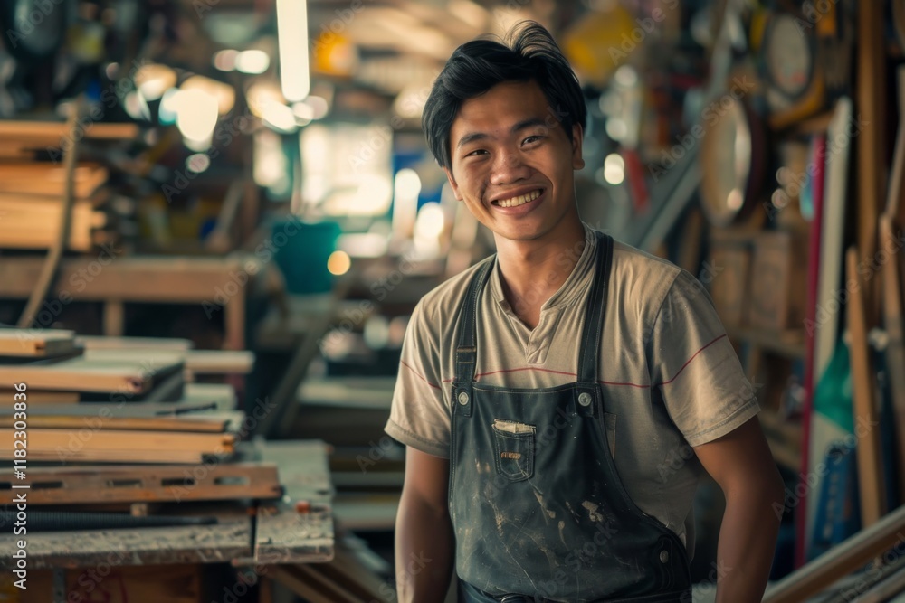 Fototapeta premium Portrait of a smiling young man working in carpentry shop