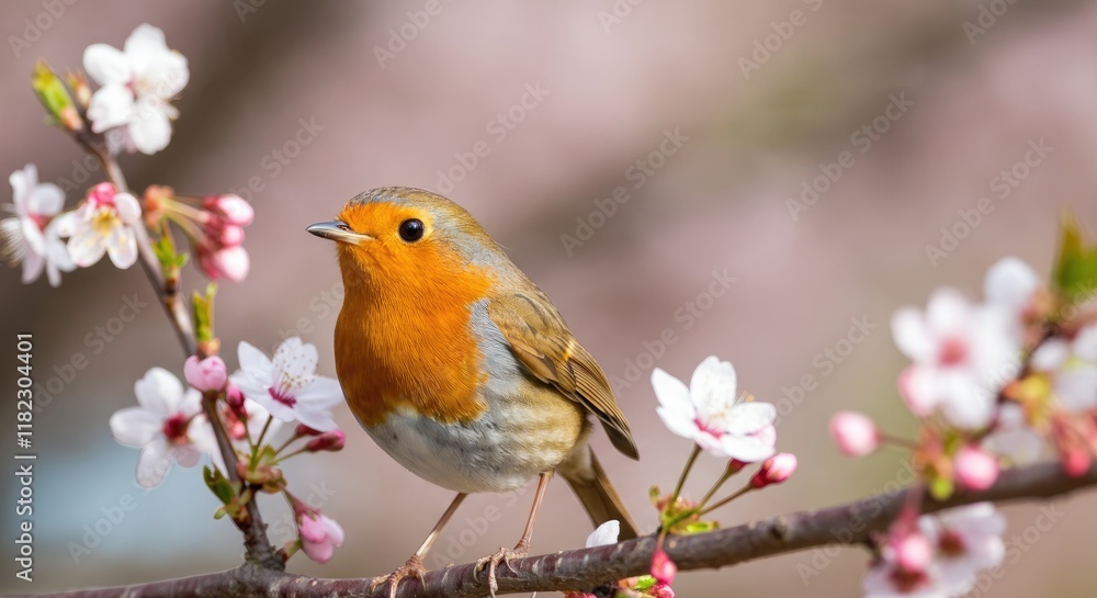 Small bird with orange chest standing on cherry blossom branch Small bird with orange chest standing on cherry blossom branch