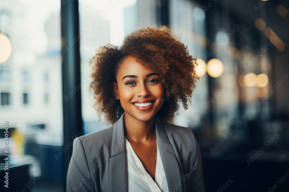 Fototapeta premium Smiling portrait of a young African American businesswoman in modern office