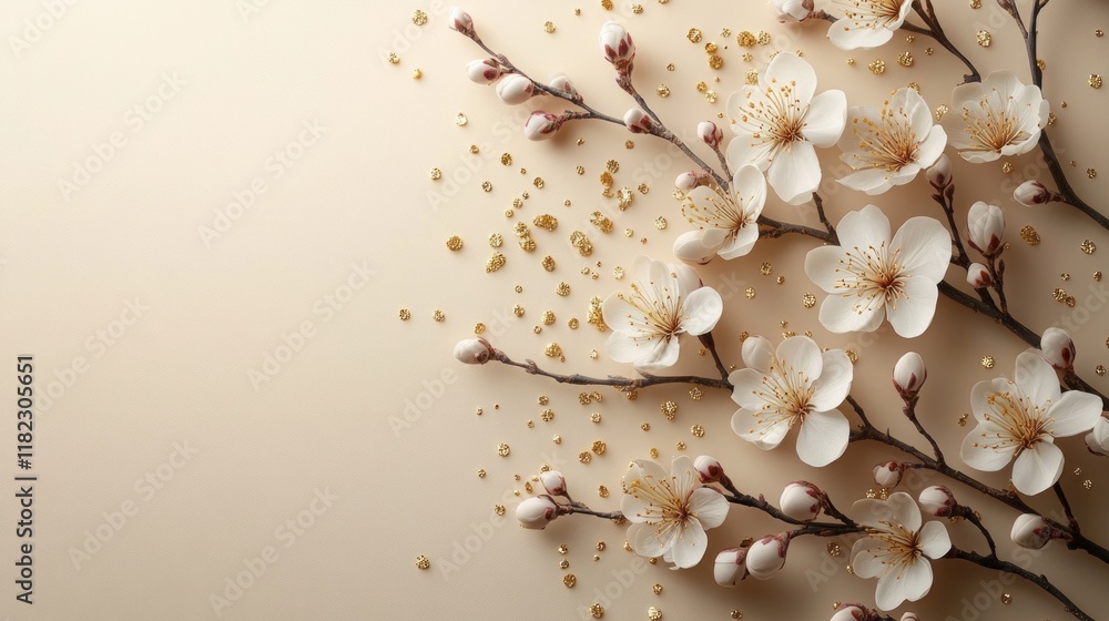 Blossoming cherry branches adorned with delicate flowers and shimmering decorative elements Blossoming cherry branches adorned with delicate flowers and shimmering decorative elements