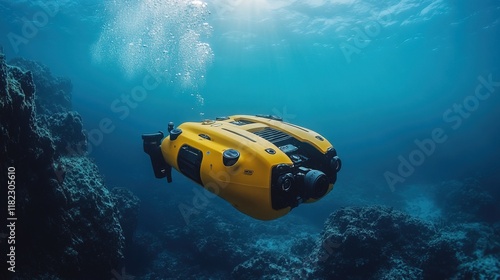 Underwater drone exploring the ocean floor, detailed view of marine life and underwater technology 