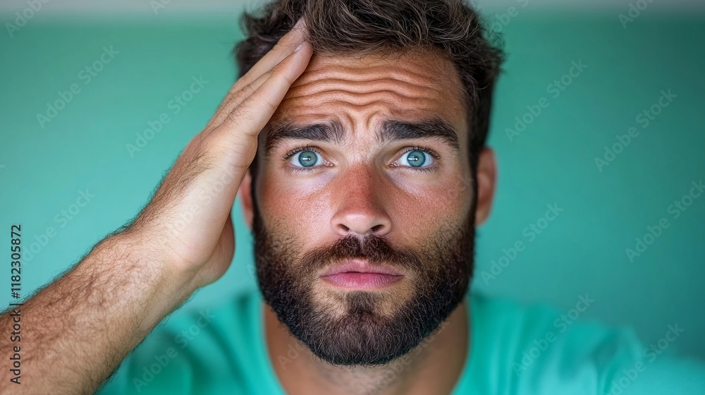 Fototapeta premium Man with blue eyes expressing confusion while holding his head against a green background