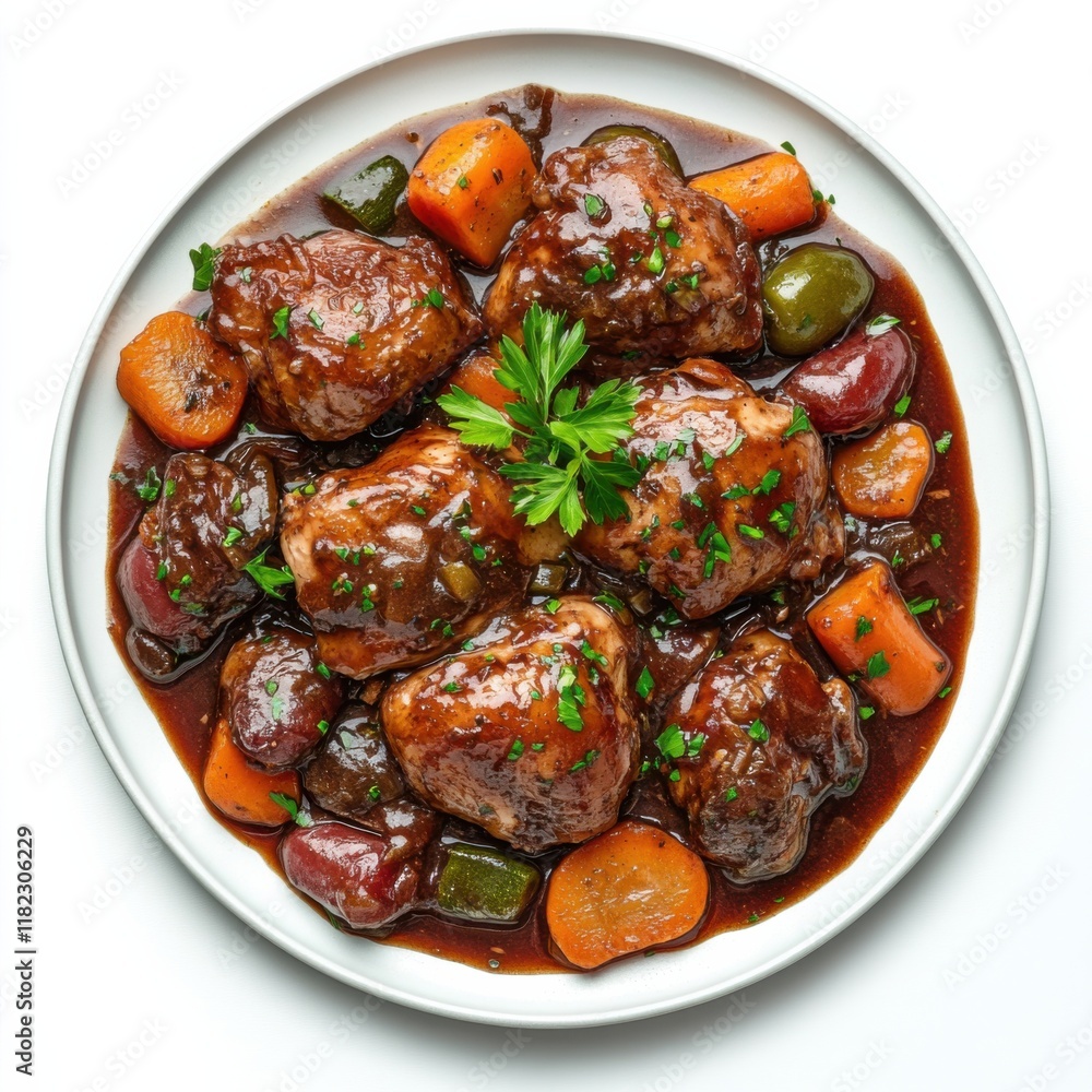 A delicious plate features tender chunks of meat simmered to perfection, surrounded by colorful carrots and bell peppers, all coated in a rich, savory sauce A delicious plate features tender chunks of meat simmered to perfection, surrounded by colorful carrots and bell peppers, all coated in a rich, savory sauce