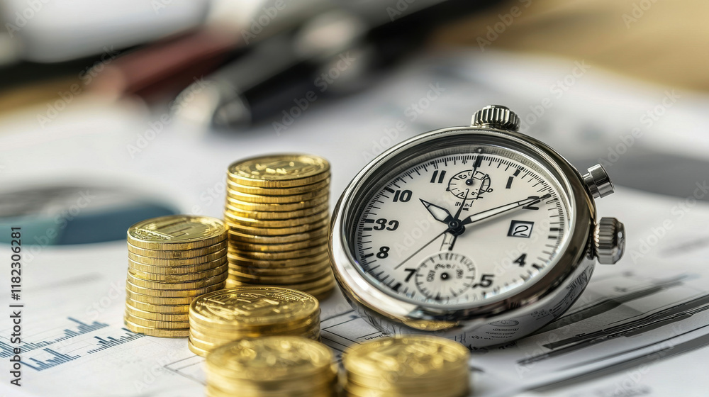 Fototapeta premium Stopwatch and gold coins on business documents