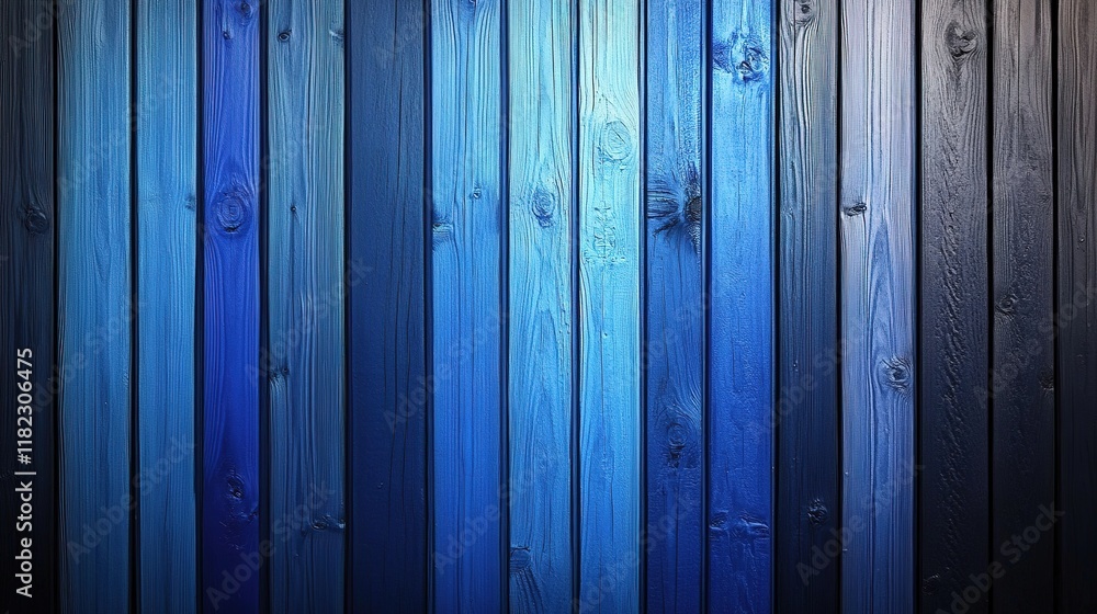 Fototapeta premium Blue Wooden Plank Wall with Gradient from Dark to Light Blue, Showcasing Natural Wood Grain and Texture, Ideal for Rustic, Coastal, or Modern Interior Designs