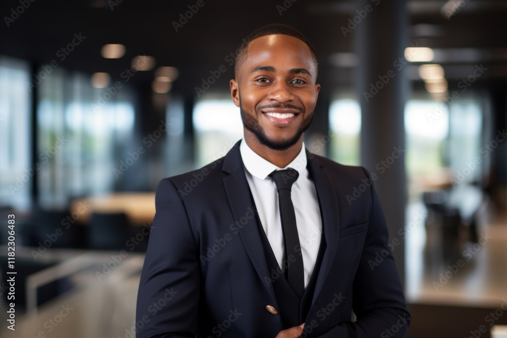Fototapeta premium Smiling portrait of a young African American businessman in modern office