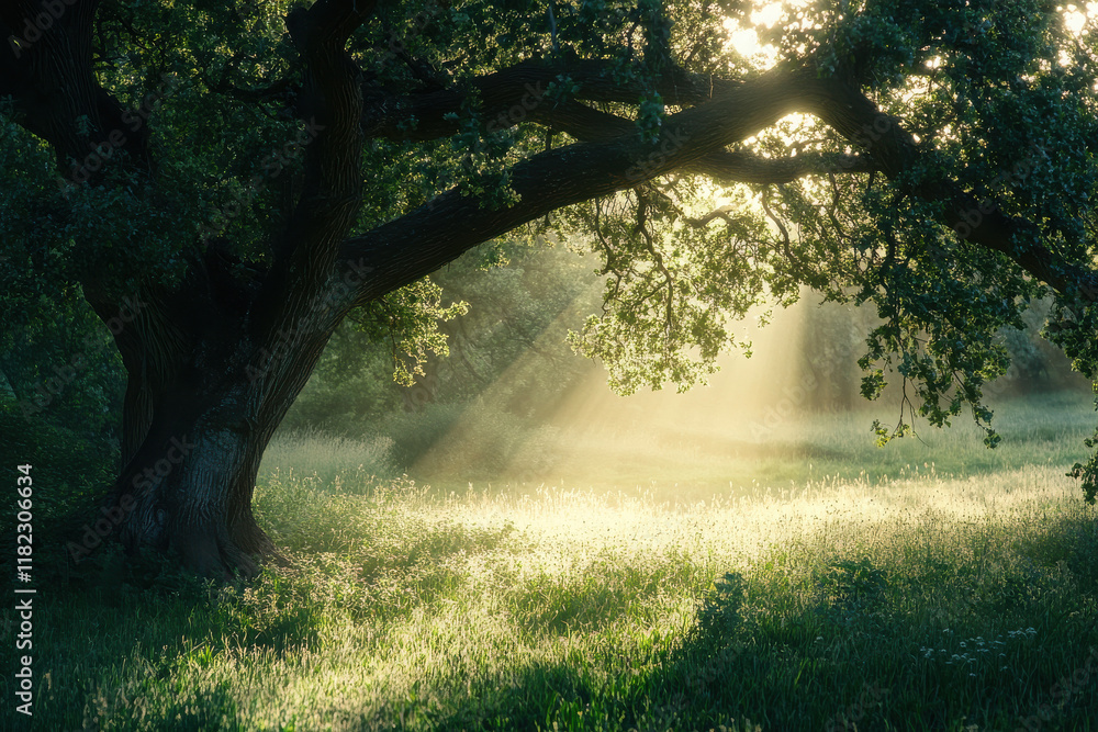 Naklejka premium A serene forest scene with sunlight filtering through trees, creating a peaceful atmosphere.