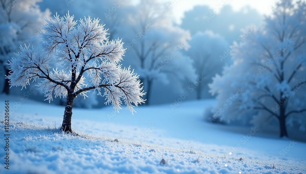 Frosty landscape with icy blue crystals forming on tree branches, cold, serene, peaceful Frosty landscape with icy blue crystals forming on tree branches, cold, serene, peaceful