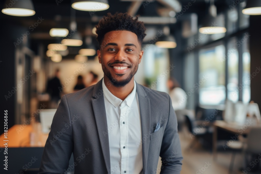 Obraz premium Smiling portrait of a young African American businessman in modern office