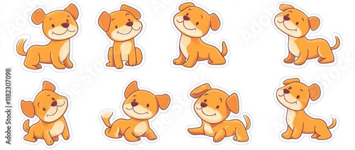 Cute dogs in various poses and expressions, doodle-style with simple lines, colorful illustrations on a white background, a sticker set on an isolated white background Generative AI