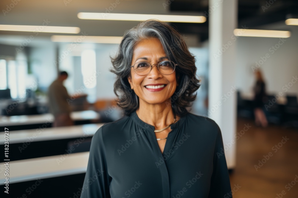 Fototapeta premium Smiling portrait of a senior Indian businesswoman in modern office