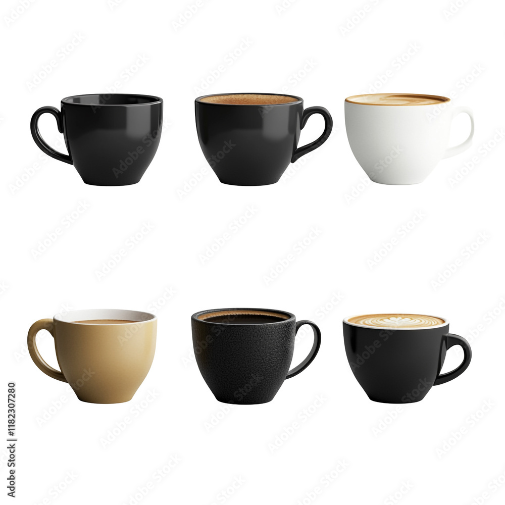 Six Coffee Cups: A Variety of Colors and Coffee Styles