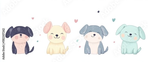Cute dogs, in a childish style, with pastel colors, simple shapes, and a white background The dogs are depicted in various poses and expressions, with simple lines suitable for children Generative AI