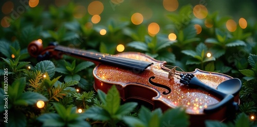 Glittering violin nestled among lush greenery, festive, decoration, elegant photo