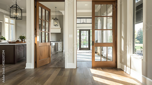 A sleek glass-paned wooden door entrance to the kitchen, blending modern and traditional styles effortlessly.