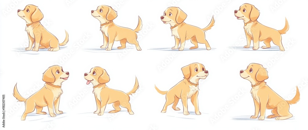 Obraz premium A set of cute dogs in different poses, in the style of a doodle-style drawing, with simple colored pencil details on a white background Generative AI