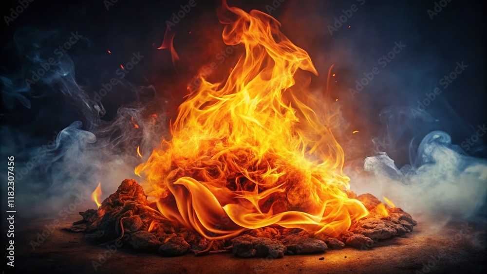 Fototapeta premium Vintage Hot Orange Fire Isolated on White Background, Smoky Flames, Burning Ember