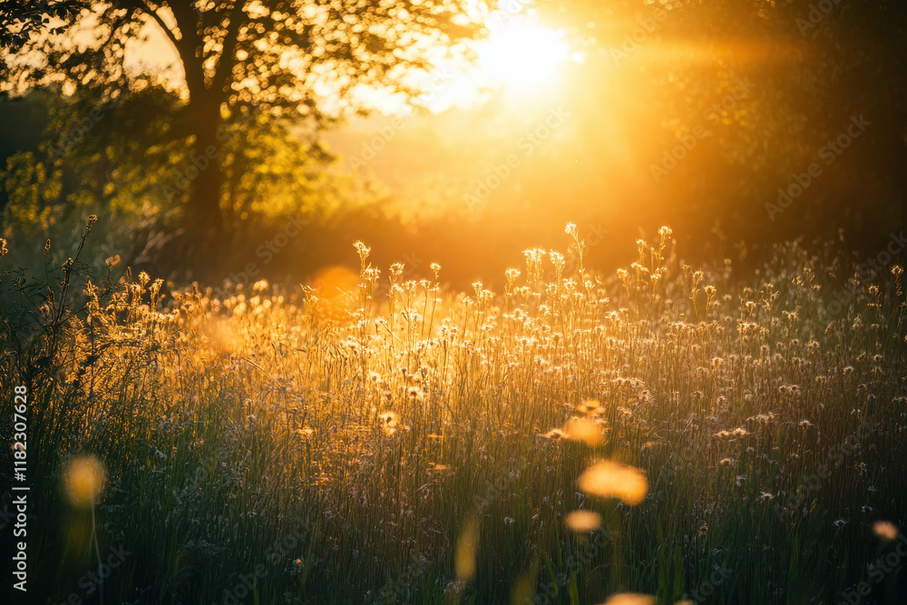 A serene sunset illuminating a field of wildflowers, creating a warm, tranquil atmosphere. A serene sunset illuminating a field of wildflowers, creating a warm, tranquil atmosphere.