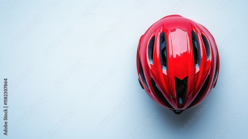 Red bicycle helmet on light background. Safety gear for cycling sports and urban commuting. Head protection for bikers. Sport equipment store concept. Red bicycle helmet on light background. Safety gear for cycling sports and urban commuting. Head protection for bikers. Sport equipment store concept.