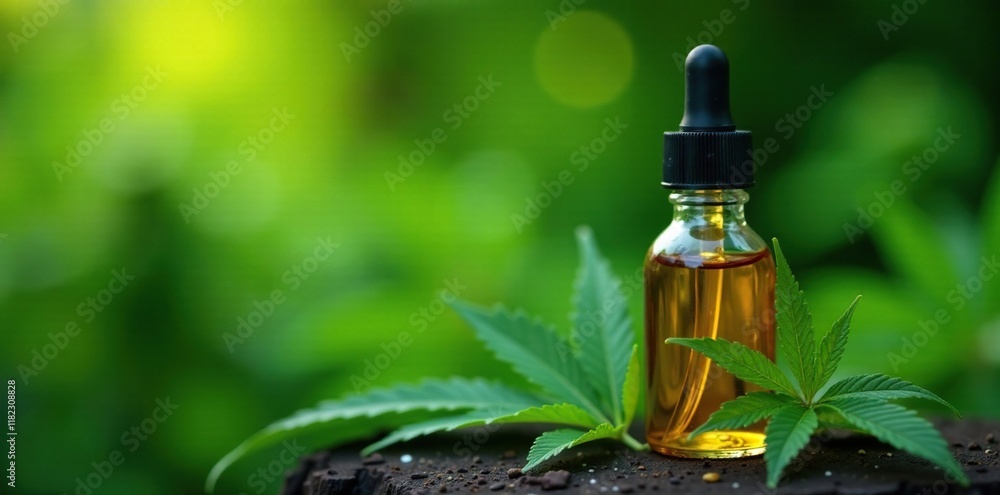 Lush cannabis plant background with single amber e liquid drop, plant, natural, herbal Lush cannabis plant background with single amber e liquid drop, plant, natural, herbal